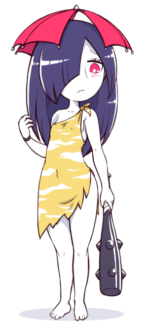 1girl, ameonna_(youkai_watch), barefoot, blush, breasts, club, erect_nipples, female, full_body, hair_over_one_eye, light_frown, long_hair, nollety, pale_skin, pink_eyes, purple_hair, simple_background, small_breasts, solo, spiked_club, standing, umbrella, weapon, white_background, youkai, youkai_watch