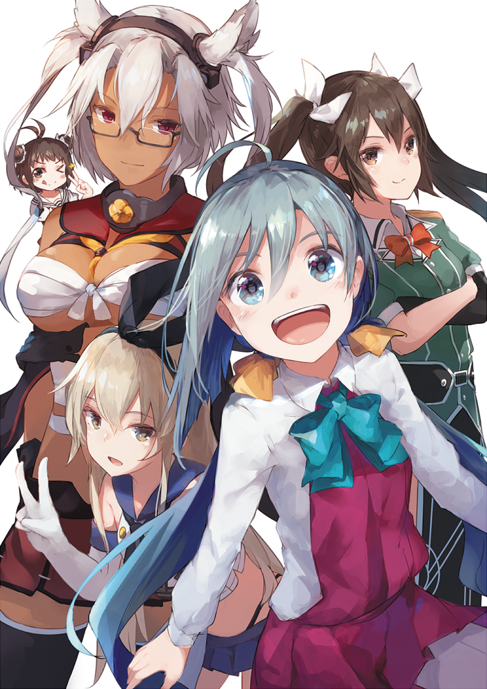 >_o, 5girls, :d, :q, ahoge, antenna_hair, bangs, bare_shoulders