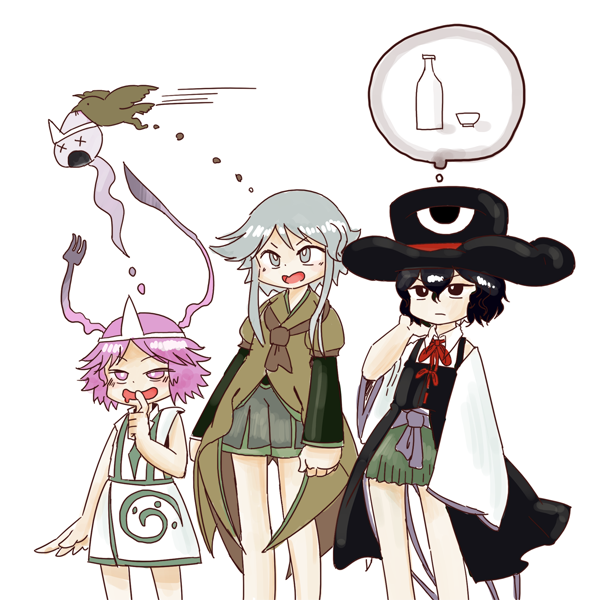 androgynous, bare_shoulders, big_hat, black_hair, bottle, bow, brilliant_pagoda_or_haze_castle, brown_coat