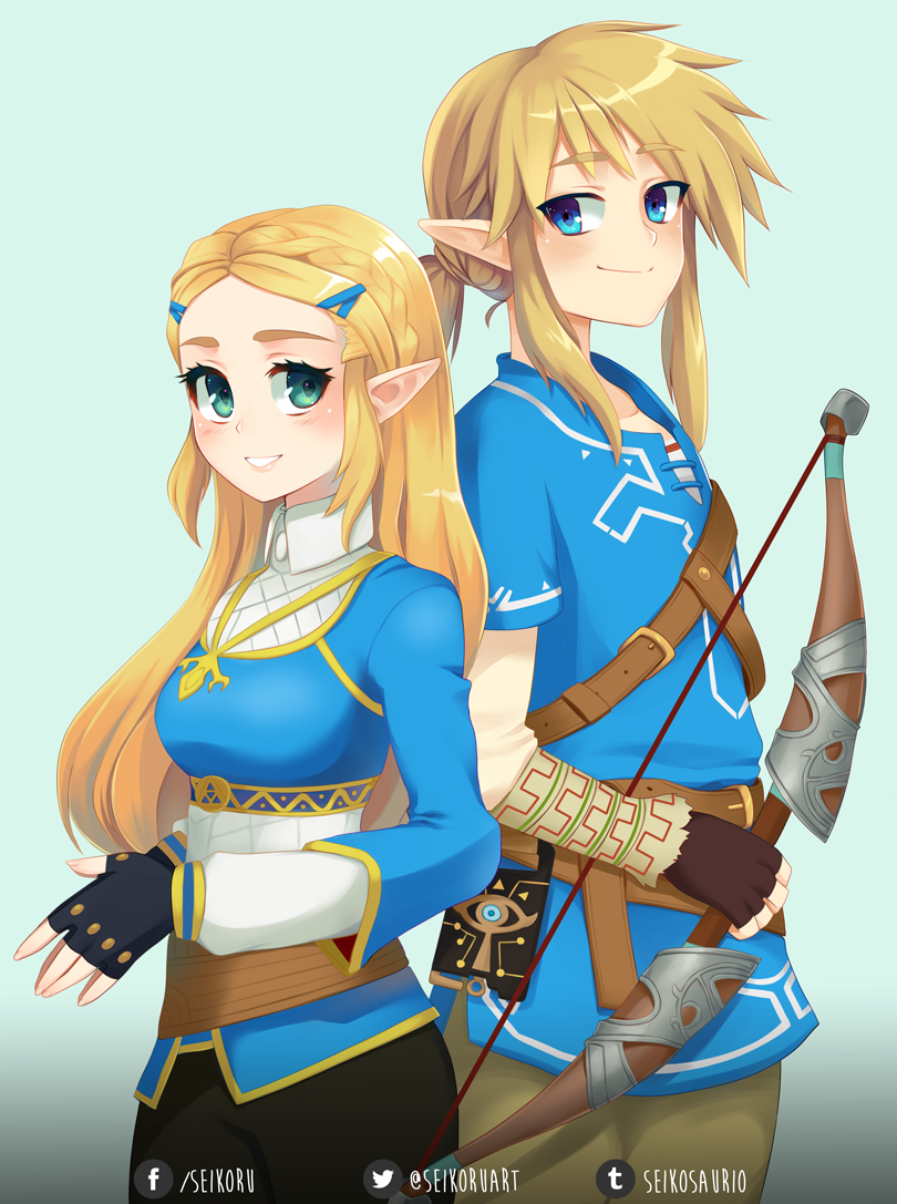 1boy, 1girl, blonde_hair, blue_eyes, bow_(weapon), fingerless_gloves, gloves, link, long_hair, looking_at_viewer, pointy_ears, ponytail, princess_zelda, seikoru, smile, strap, the_legend_of_zelda, the_legend_of_zelda:_breath_of_the_wild, weapon