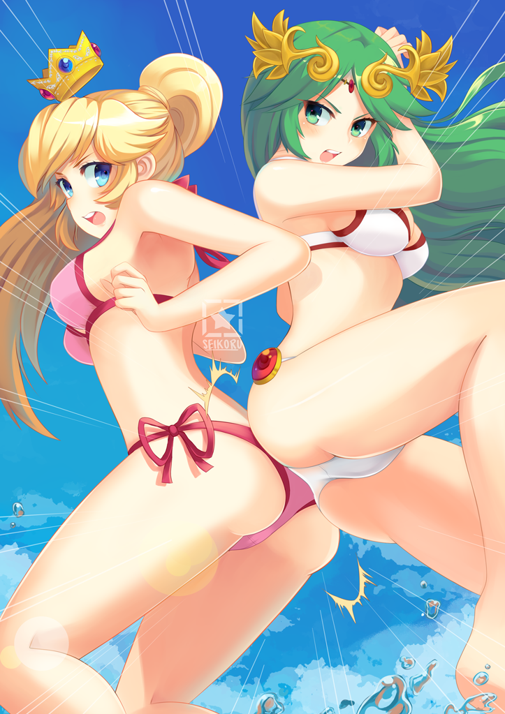 2girls, ass, ass-to-ass, bikini, blonde_hair, blue_eyes, breasts, cleavage, crown, green_eyes, green_hair, kid_icarus, kid_icarus_uprising, super_mario_bros., multiple_girls, nintendo, palutena, ponytail, princess_peach, seikoru, super_mario_bros., super_smash_bros., swimsuit, tiara