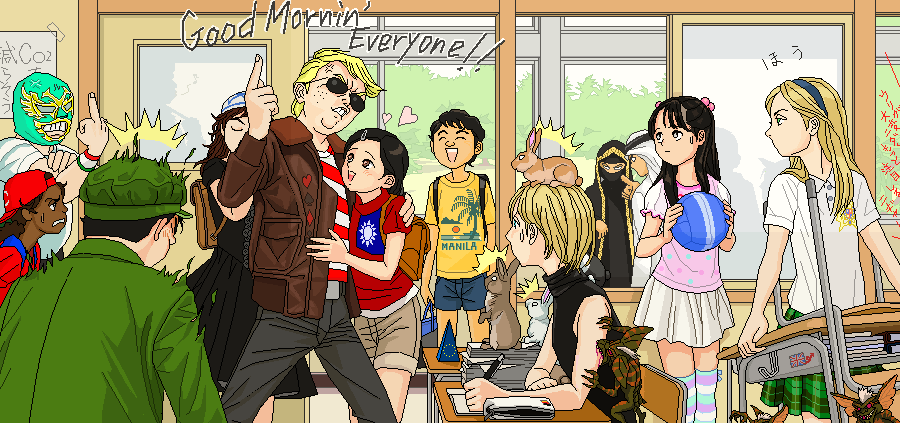 /\/\/\, ^_^, animal, animal_on_head, biting, black_hair, blonde_hair, blood