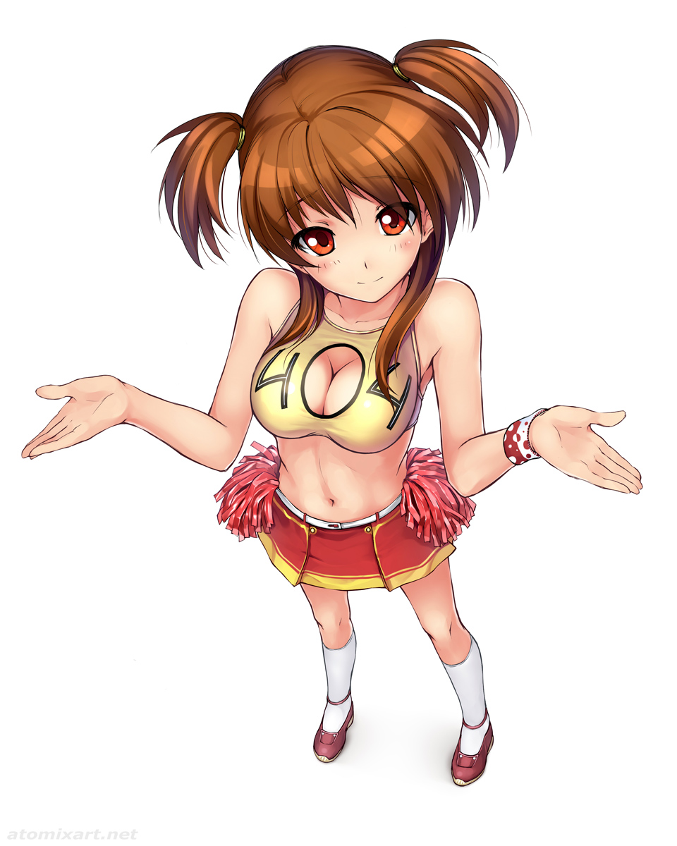 1girl, 404, atomix, bare_shoulders, breasts, brown_hair, cleavage, cleavage_cutout