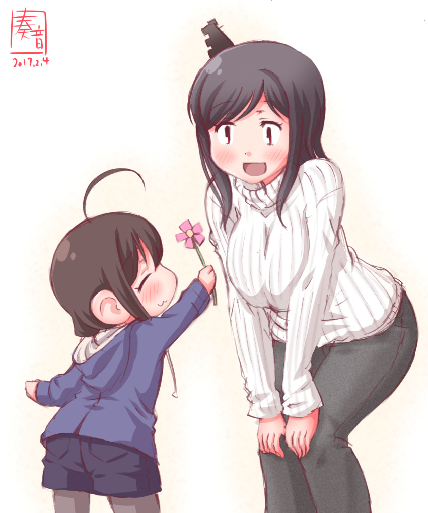 2017, 2girls, ahoge, alternate_costume, black_hair, braid, carnation, closed_eyes
