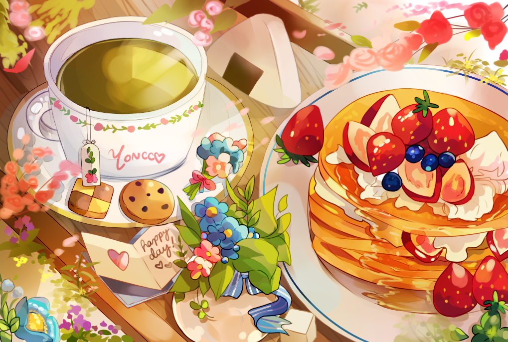 artist_name, blueberry, checkerboard_cookie, cookie, cup, english, flower, food, fruit, green_tea, heart, no_humans, onigiri, original, pancake, plant, plate, stack_of_pancakes, strawberry, sugar_cube, tea, teabag, teacup, yon_(kyuyeon)