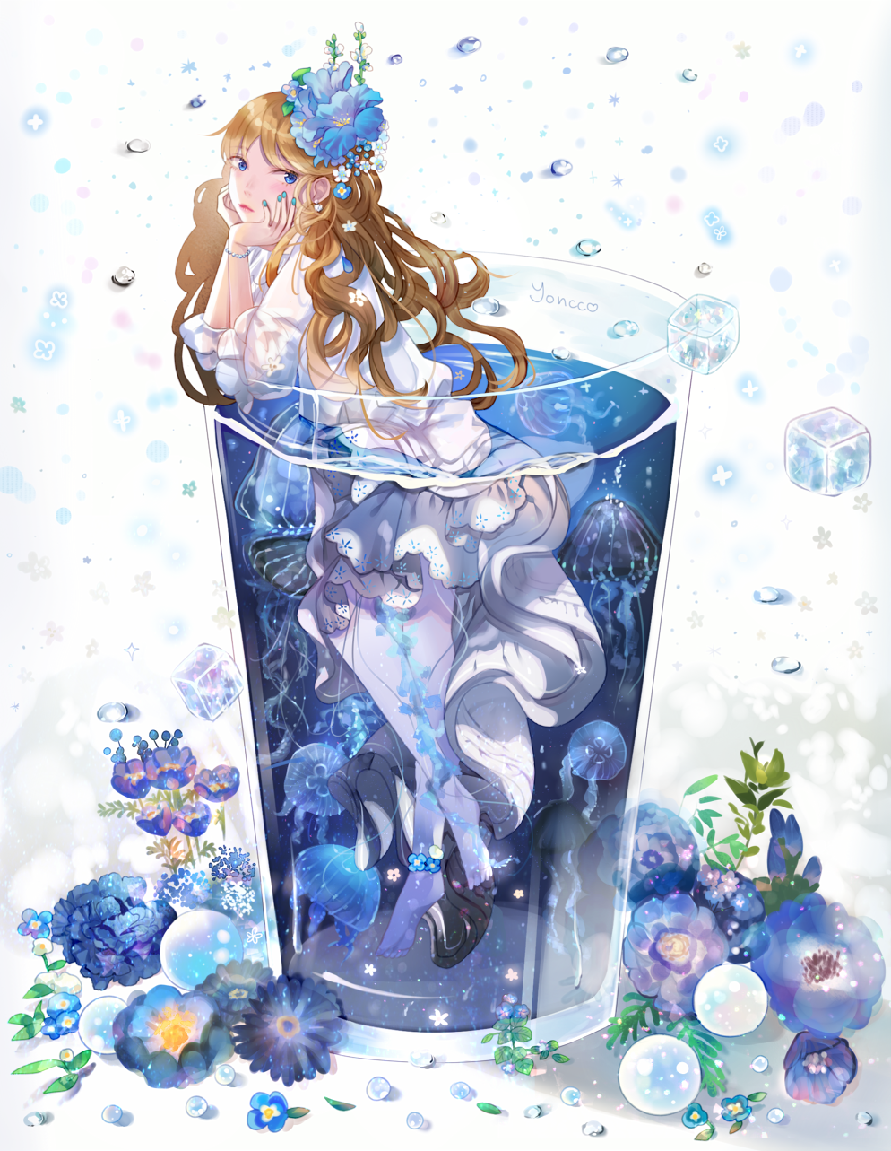 1girl, artist_name, blue, blue_eyes, blue_nails, bracelet, brown_hair, chin_rest, closed_mouth, dress, earrings, eyebrows_visible_through_hair, flower, from_side, full_body, glass, hair_flower, hair_ornament, head_tilt, heart, heart_earrings, highres, ice, ice_cube, jellyfish, jewelry, lipstick, looking_at_viewer, makeup, nail_polish, original, red_lipstick, solo, sparkle, water_drop, wavy_hair, white_background, white_dress, white_legwear, yon_(kyuyeon)
