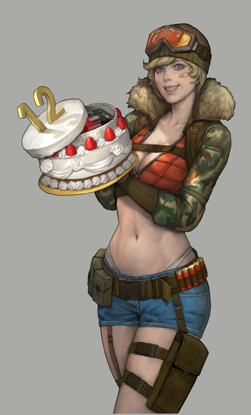 1girl, absurdres, bandaid, bandaid_on_face, beanie, belt, birthday_cake, blonde_hair