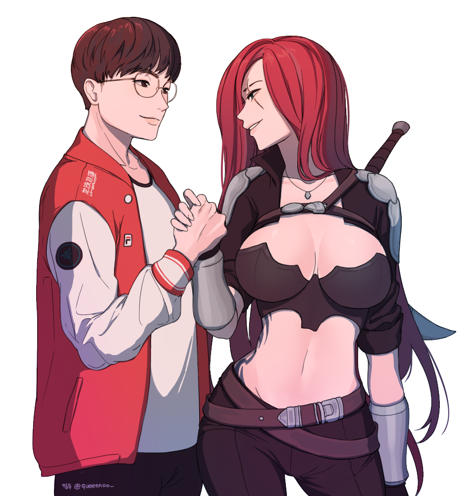 1boy, 1girl, belt, commentary, dagger, faker_(gamer), fila, glasses, hand_holding, jacket, katarina_du_couteau, league_of_legends, razer, real_life, redhead, scar, sk_telecom_t1, smile, weapon, 낑두