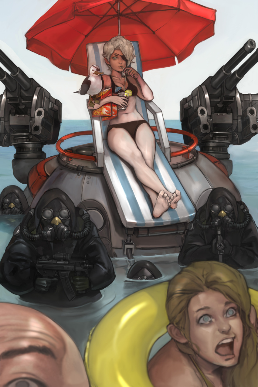 absurdres, bald, barefoot, bikini, bird, black_bikini, blue_eyes, breasts