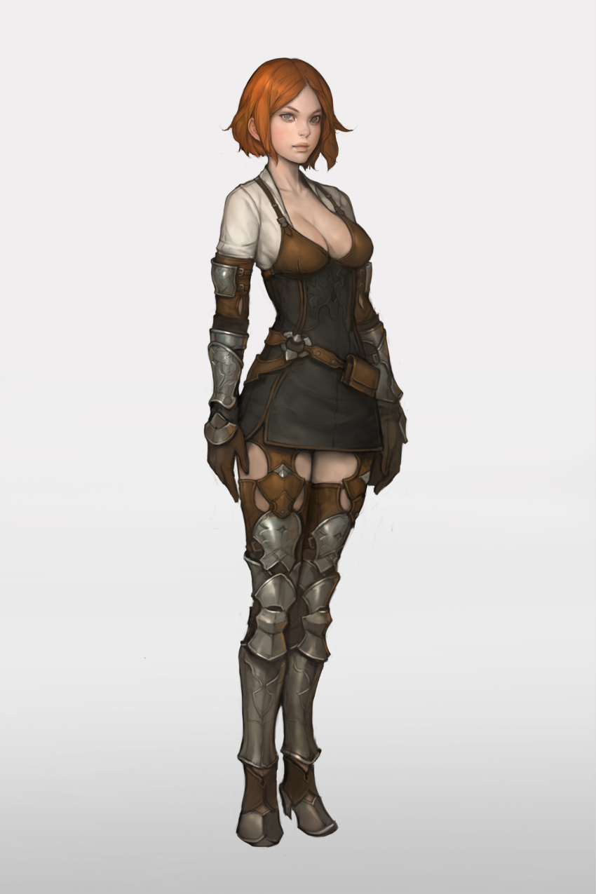 1girl, absurdres, blue_eyes, breasts, cleavage, full_body, gauntlets, gradient