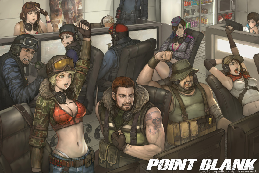 5boys, 6+girls, absurdres, arm_up, bandaid, bandaid_on_face, beard, belt