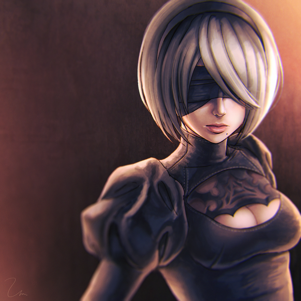 1girl, black_dress, black_hairband, blindfold, breasts, cleavage, cleavage_cutout, covered_eyes