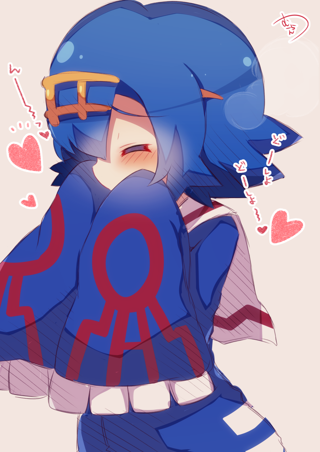 1girl, blue_hair, blush, closed_eyes, cosplay, hairband, heart, highres