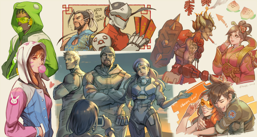 /\/\/\, 6+boys, 6+girls, :d, alternate_costume, ana_(overwatch), angpao, animal_hood, arm_tattoo, bangs, beard, belt, belt_pouch, beret, blackwatch_reyes, blue_dress, blue_hat, bomber_jacket, brown_eyes, brown_hair, brown_jacket, bubble_blowing, bun_cover, bunny_hood, captain_amari, chewing_gum, china_dress, chinese_clothes, commentary, crossed_arms, cyborg, d.va_(overwatch), dress, ear_piercing, earrings, emily_(overwatch), explosive, facial_hair, fiery_hair, fire, firecrackers, firework_junkrat, fur_trim, genji_(overwatch), glasses, goatee, goggles, green_jacket, grin, hair_bun, hair_ornament, hair_stick, hand_on_hip, hand_up, hands_in_pockets, hanzo_(overwatch), happy, harness, hat, helmet, highres, holding, hood, hood_up, hooded_jacket, hug, hug_from_behind, jacket, jewelry, junkrat_(overwatch), leather, leather_jacket, long_hair, long_sleeves, looking_at_another, lucio_(overwatch), luna_mei, mechanical_arm, mei_(overwatch), military_rank_insignia, multiple_boys, multiple_girls, mustache, nail_polish, open_mouth, orange_nails, overwatch, pachimari, parted_lips, pharah_(overwatch), piercing, pink_lips, power_armor, reaper_(overwatch), red_dress, red_nails, red_sweater, ribbed_dress, sae_(revirth), salute, short_hair, sleeveless, sleeveless_dress, sleeves_rolled_up, smile, soldier:_76_(overwatch), spikes, spiky_hair, strap, sunglasses, sweatdrop, sweater, swept_bangs, tassel, tattoo, tire, tracer_(overwatch), turtleneck, turtleneck_sweater, upper_body, visor, younger