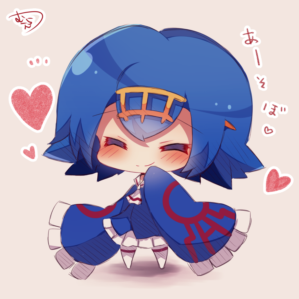 1girl, ^_^, blue_hair, blush, chibi, closed_eyes, cosplay, hairband