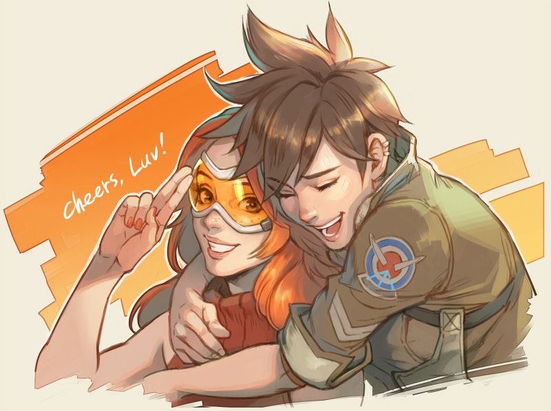 2girls, :d, bangs, bare_shoulders, bomber_jacket, brown_hair, brown_jacket, closed_eyes, couple, emily_(overwatch), eyebrows_visible_through_hair, eyelashes, freckles, fur_trim, goggles, green_eyes, grin, hand_to_head, happy, harness, hug, hug_from_behind, jacket, leather, leather_jacket, lipstick, long_hair, looking_at_viewer, makeup, military_rank_insignia, multiple_girls, nail_polish, nose, open_mouth, orange_hair, orange_nails, orange_sweater, overwatch, pink_lips, pink_lipstick, ribbed_sweater, sae_(revirth), salute, short_hair, short_sleeves, sleeveless, sleeves_rolled_up, smile, spiky_hair, strap, sweater, swept_bangs, teeth, tracer_(overwatch), turtleneck, turtleneck_sweater, two-finger_salute, upper_body