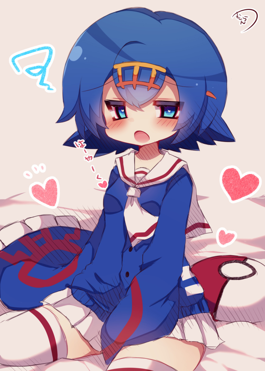 1girl, blue_eyes, blue_hair, blush, cosplay, hairband, heart, highres