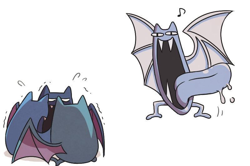 :d, bat, bat_wings, fangs, flying_sweatdrops, golbat, huddle, motion_lines