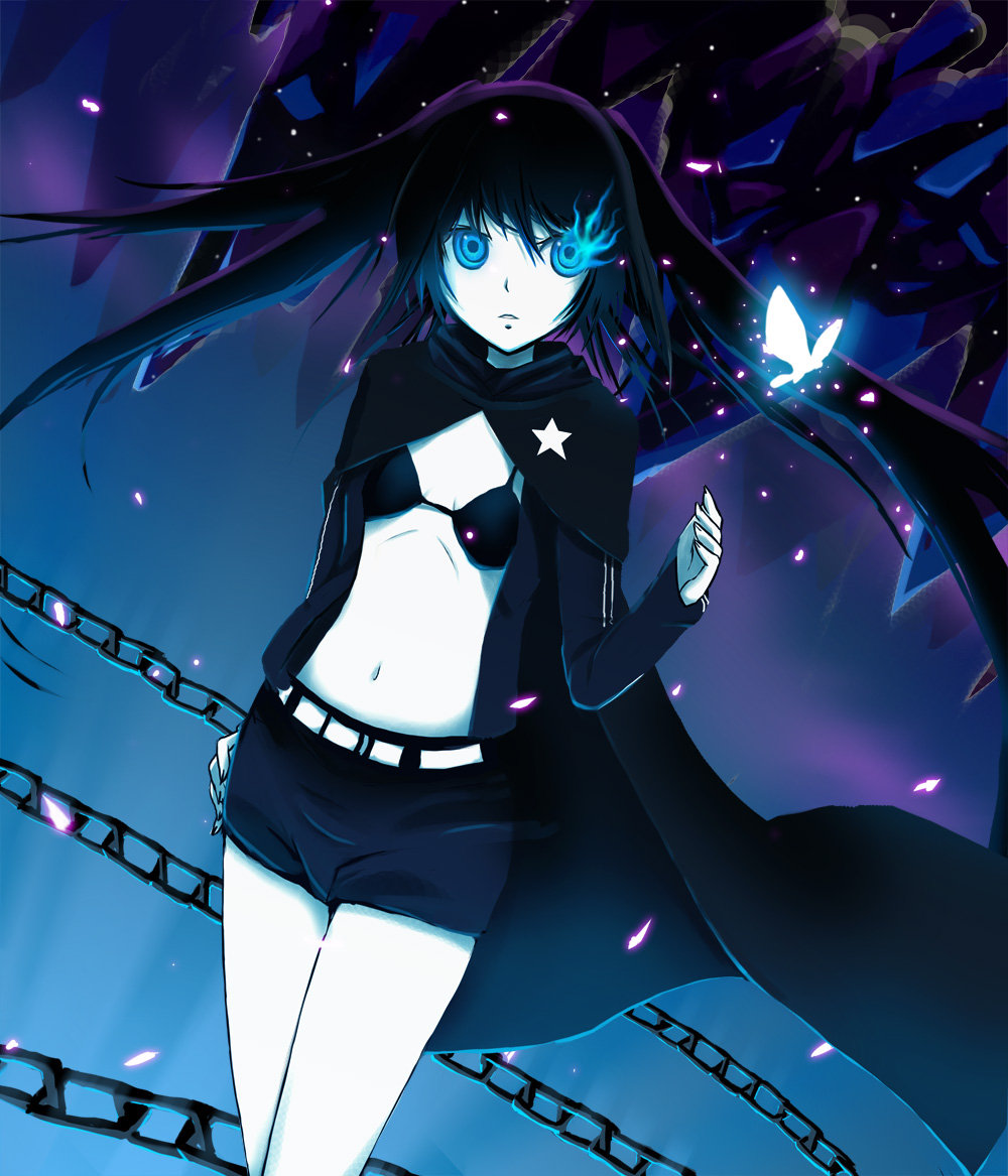 black_rock_shooter, black_rock_shooter_(character), blue_eyes, butterflies, butterfly, cape, glowing, glowing_eyes