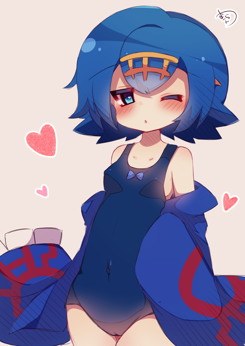 1girl, ;o, blue_eyes, blue_hair, blush, cosplay, covered_navel, hairband, heart, heart-shaped_pupils, highres, kyogre, kyogre_(cosplay), muuran, one-piece_swimsuit, one_eye_closed, pink_background, pokemon, pokemon_(game), pokemon_sm, short_hair, simple_background, solo, suiren_(pokemon), swimsuit, symbol-shaped_pupils, trial_captain