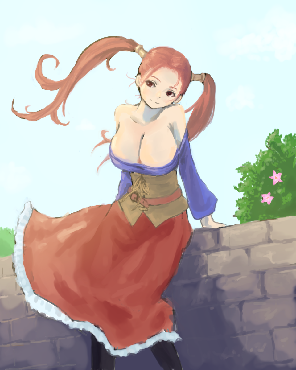 1girl, bare_shoulders, breasts, brown_eyes, cleavage, dragon_quest, dragon_quest_viii, hair_ornament, highres, jessica_albert, juju_(poipoipui), large_breasts, no_bra, redhead, skirt, solo, twintails