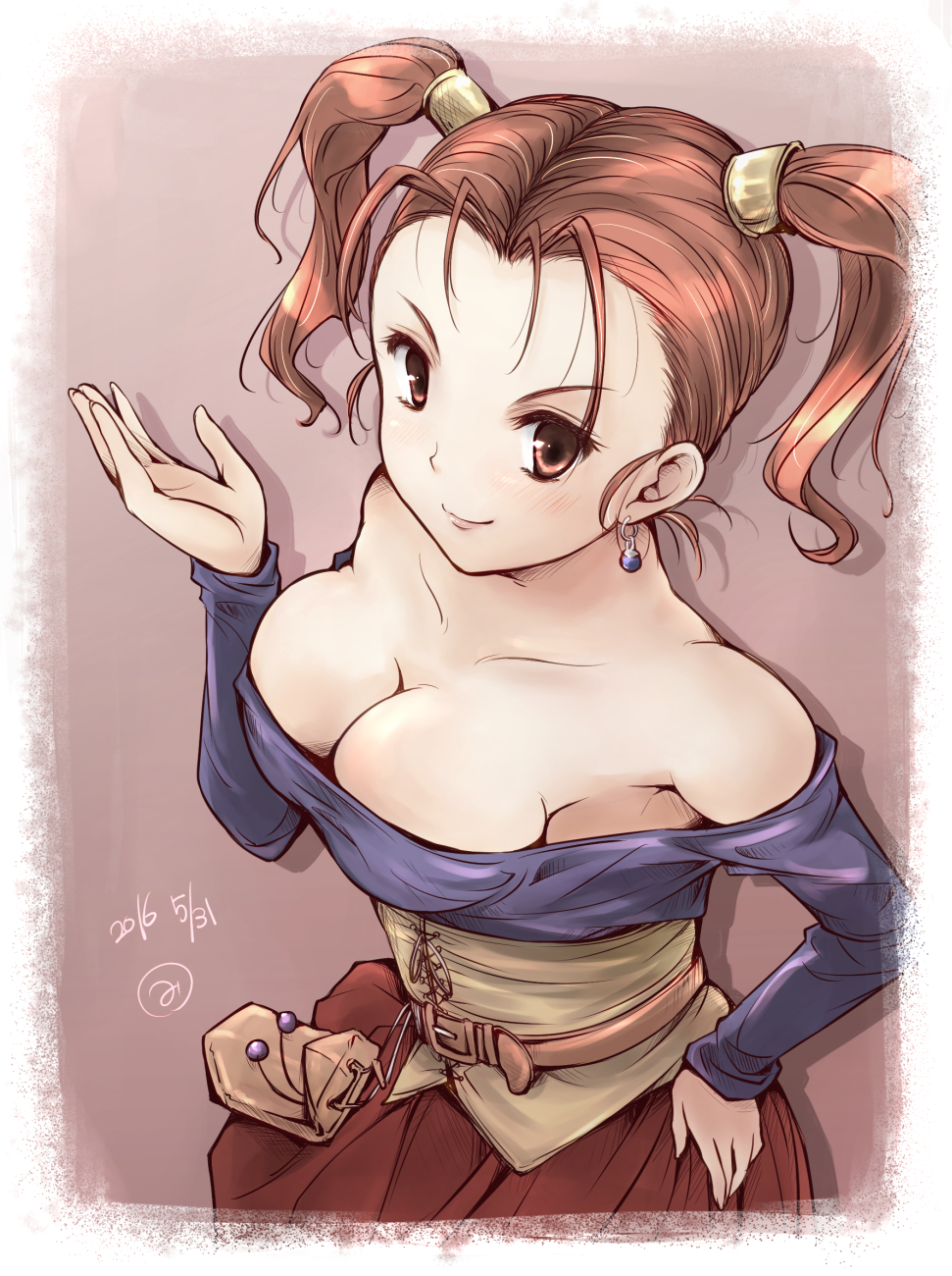 1girl, breasts, brown_eyes, cleavage, dragon_quest, dragon_quest_viii, earrings, highres, jessica_albert, jewelry, large_breasts, minori_(m-noir), redhead, solo, solo_focus, twintails