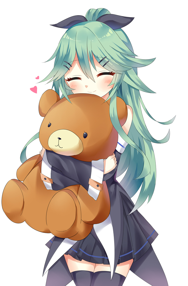 1girl, bare_shoulders, black_dress, black_legwear, black_ribbon, blush, closed_eyes, closed_mouth