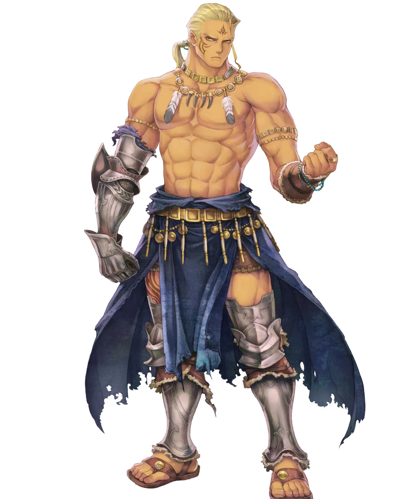 1boy, abs, blonde_hair, bracelet, dark_skin, facial_tattoo, feathers, fire_emblem