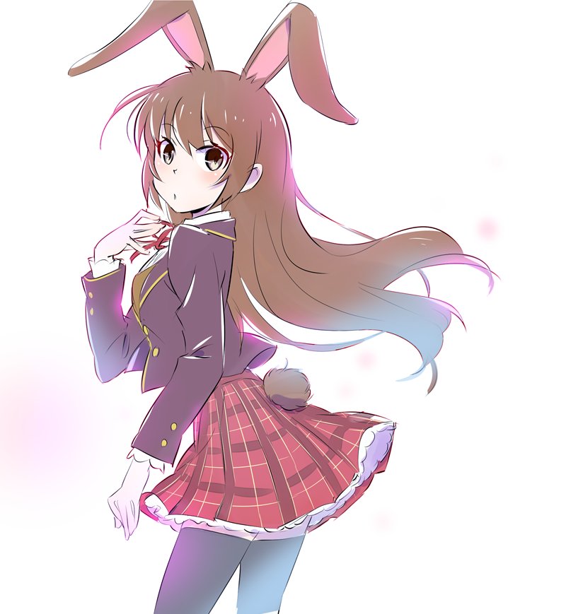 1girl, animal_ears, blazer, brown_eyes, brown_hair, bunny_girl, bunny_tail, iesupa