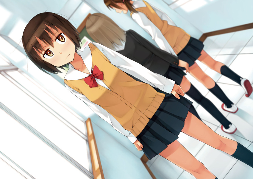 3girls, black_hair, black_legwear, bow, bowtie, brown_eyes, cardigan_vest, dutch_angle