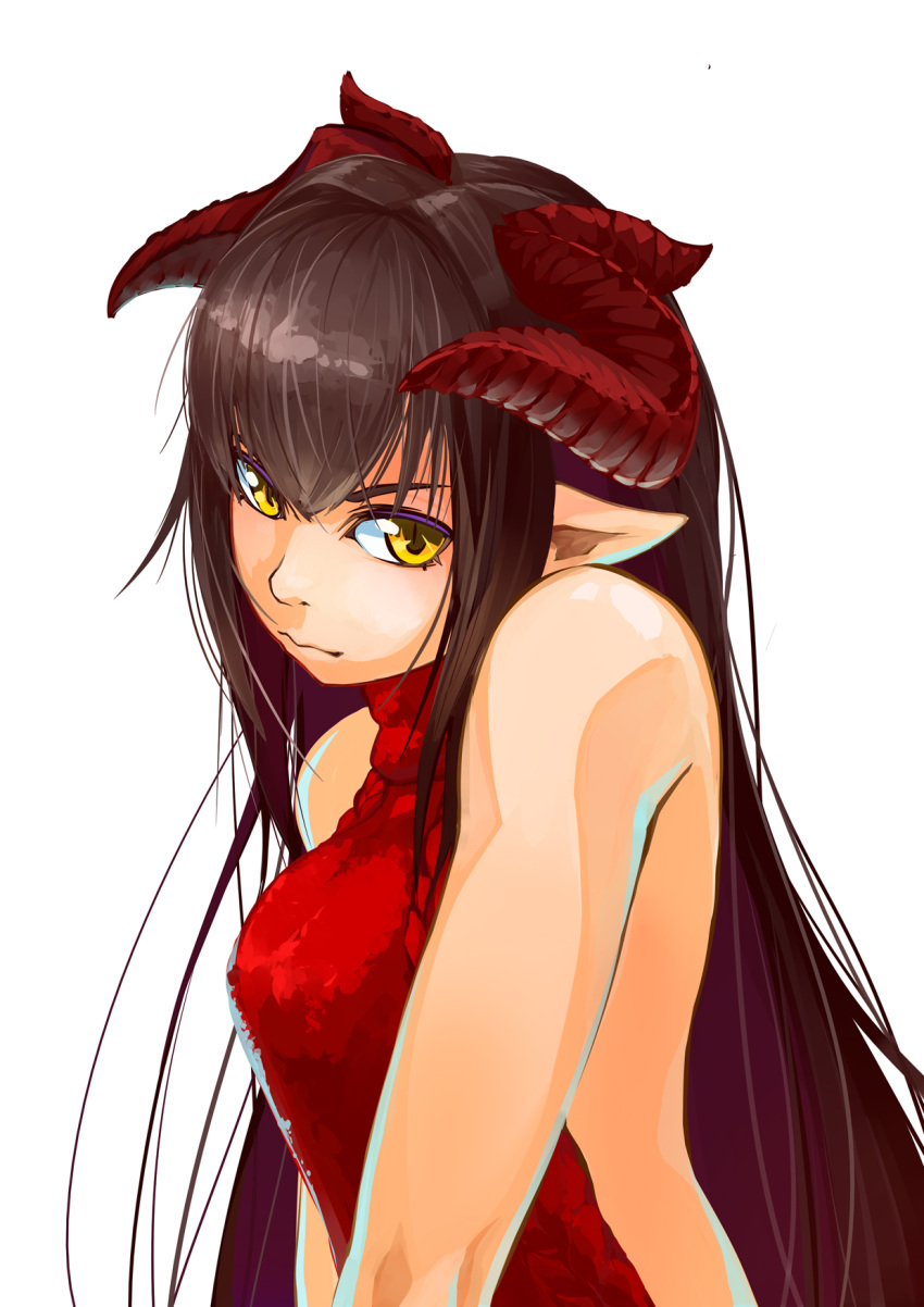 1girl, aran_sweater, backless_outfit, bangs, bare_shoulders, closed_mouth, dragon_girl, dragon_horns, dress, halterneck, highres, horns, kunno, long_hair, looking_at_viewer, naked_sweater, no_bra, open-back_dress, original, pointy_ears, red_dress, red_sweater, ribbed_sweater, simple_background, sleeveless, sleeveless_turtleneck, slit_pupils, solo, sweater, sweater_dress, turtleneck, turtleneck_sweater, upper_body, very_long_hair, virgin_killer_sweater, white_background, yellow_eyes
