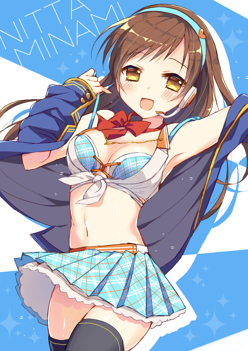 1girl, absurdres, black_legwear, blush, breasts, brown_eyes, brown_hair, cleavage