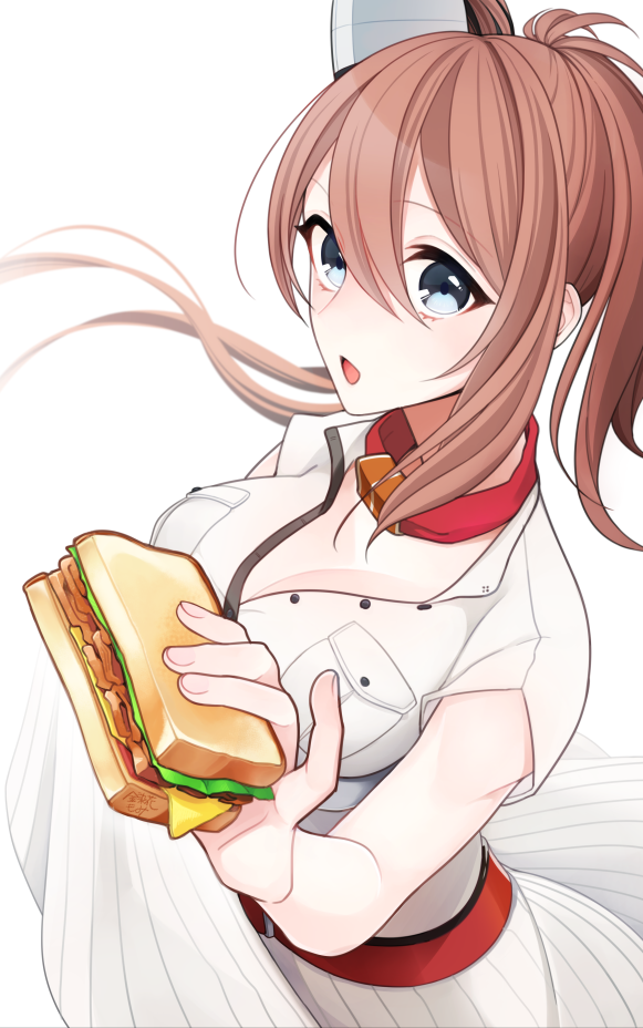1girl, ascot, blue_eyes, breast_pocket, brown_hair, dress, food, kantai_collection