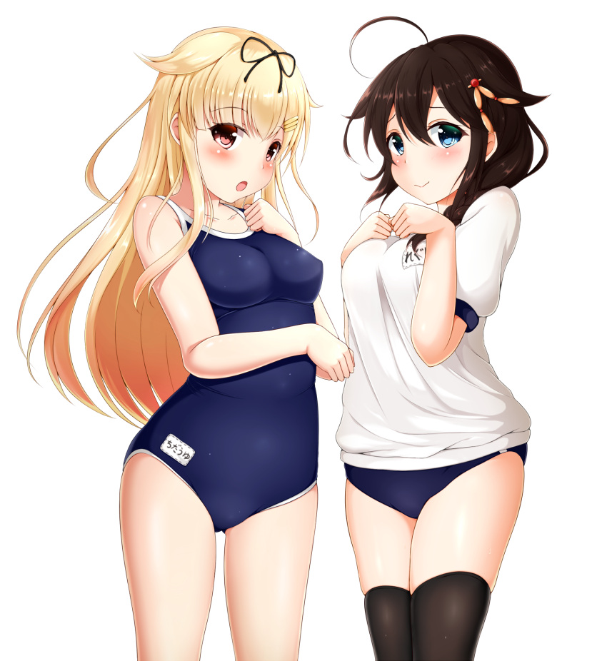 2girls, ahoge, black_hair, black_legwear, blonde_hair, blue_eyes, braid, buruma