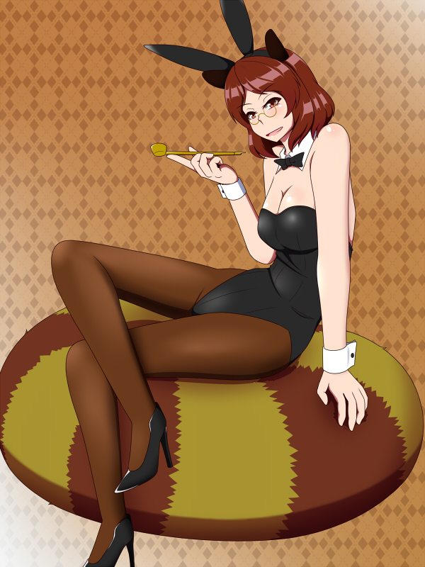 1girl, animal_ears, bow, bowtie, breasts, brown_eyes, brown_hair, brown_legwear