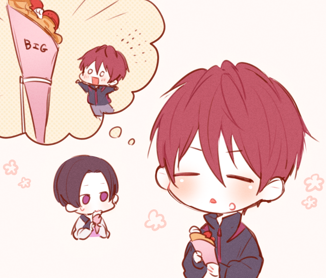 2boys, =_=, chibi, closed_eyes, crepe, eating, food, food_on_face, fruit, imagining, jacket, maiyama_shun, male_focus, miniboy, multiple_boys, oosaki_kou, pink_background, shounen_hollywood, simple_background, strawberry, thought_bubble, track_jacket, tsuchiya_(1315444), upper_body, violet_eyes