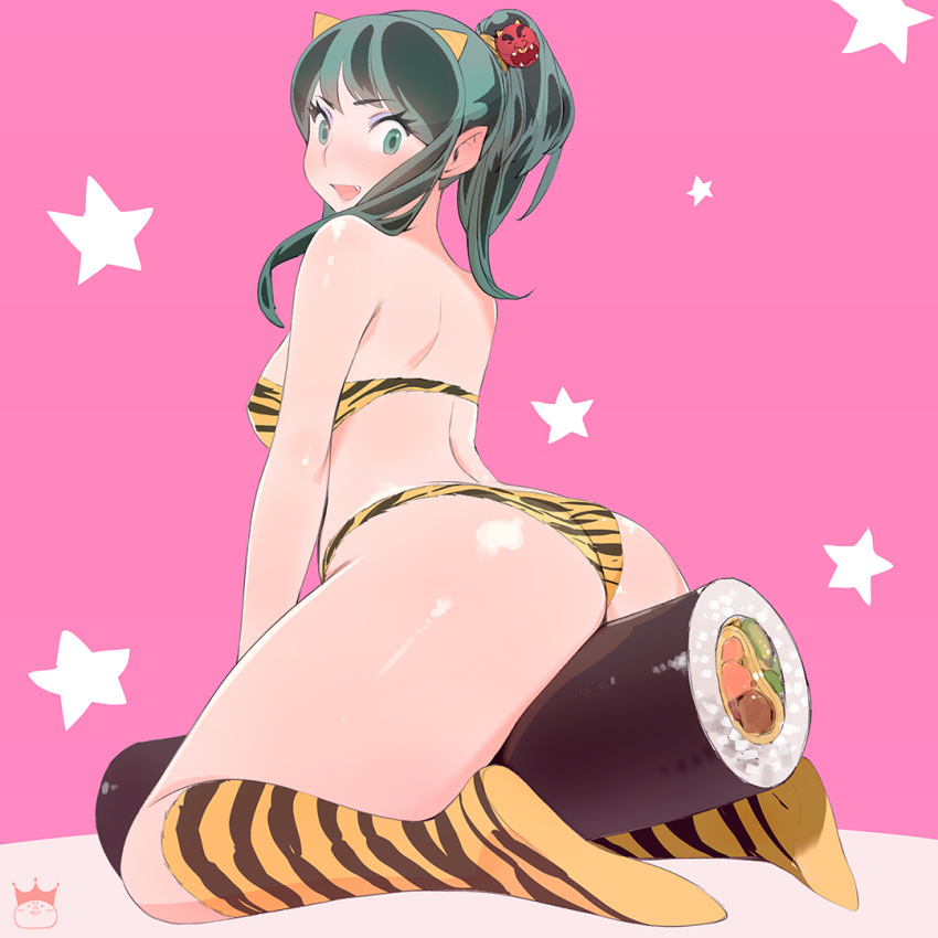 >:d, 1girl, :d, alternate_hairstyle, arched_back, ass, back, bandeau