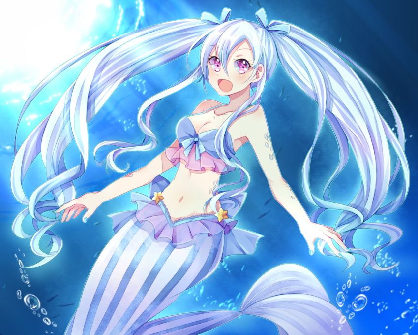 1girl, air_bubble, blue_nails, cell_(card_game), long_hair, looking_at_viewer, mermaid, midriff, monster_girl, nail_polish, navel, open_mouth, ruka192, solo, sunlight, twintails, underwater, very_long_hair, violet_eyes, white_hair