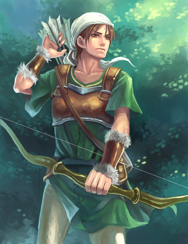 1boy, arrow, bow_(weapon), bracer, brown_eyes, brown_hair, fire_emblem, fire_emblem:_seisen_no_keifu, frontier_town, green_background, green_clothes, hat, jamka_(fire_emblem), male_focus, outdoors, quiver, solo, standing, tunic, weapon, white_hat