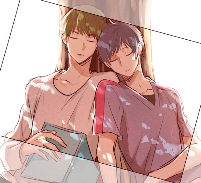 2boys, against_tree, amagi_ikuma, bangs, blue_hair, book, closed_eyes, collarbone