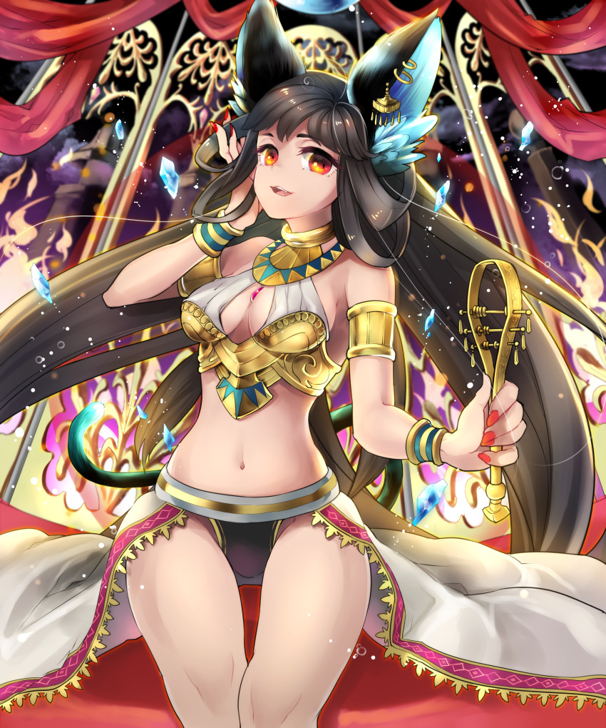 1girl, absurdres, adjusting_hair, animal_ears, armlet, bastet, black_hair, bracelet