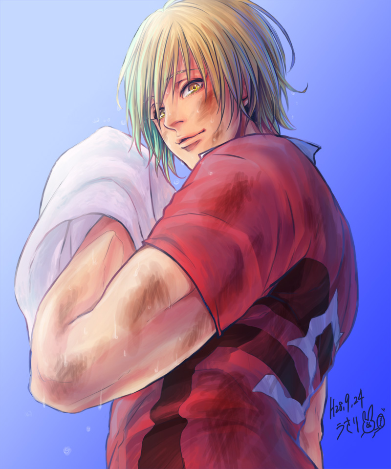 1boy, all_out!!, biceps, blonde_hair, blue_background, blue_sky, dated, dirty