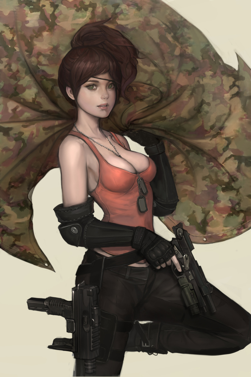 1girl, beretta_m9, between_breasts, boots, breasts, brown_hair, brugger-thomet_mp9, camouflage, cleavage, dog_tags, fingerless_gloves, gloves, green_eyes, gun, handgun, highres, lips, namgwon_lee, parted_lips, pistol, side_ponytail, solo, submachine_gun, weapon