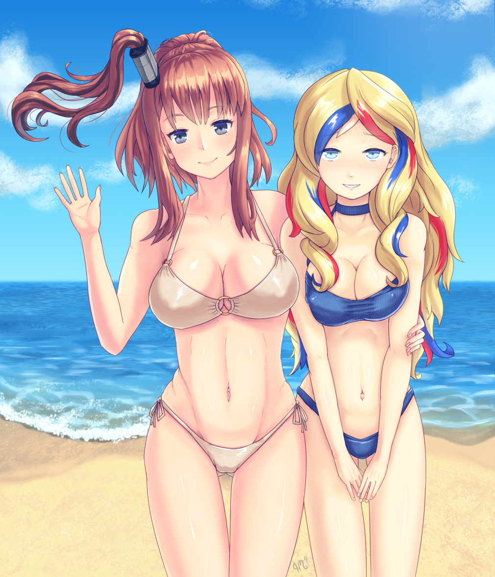 2girls, alternate_costume, bangs, beach, bikini, blonde_hair, blue_bikini, blue_eyes, blue_hair, breasts, brown_hair, cleavage, clouds, collarbone, commandant_teste_(kantai_collection), cowboy_shot, day, erect_nipples, hair_between_eyes, halterneck, kantai_collection, large_breasts, long_hair, looking_at_viewer, medium_breasts, midriff, mignonette, multicolored_hair, multiple_girls, navel, o-ring_top, ocean, parted_lips, ponytail, redhead, saratoga_(kantai_collection), shiny, shiny_skin, shy, side-tie_bikini, side_ponytail, sky, smile, streaked_hair, swept_bangs, swimsuit, taut_clothes, thigh_gap, thighs, v, white_bikini, white_hair