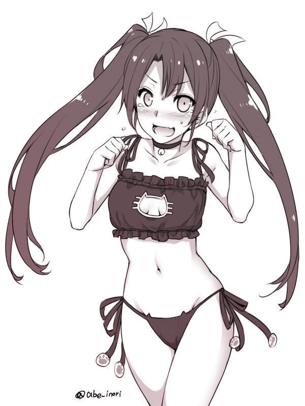 1girl, abe_inori, bell, blush, bra, breasts, cat_cutout, cat_ear_panties