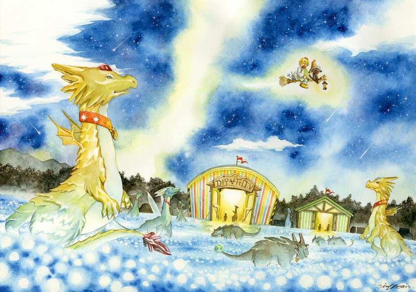 black_cat, blonde_hair, blue_sky, broom, broom_riding, brown_shoes, building, cat, ciro_ukai, clouds, collar, danian, dragon, field, flag, hat, lantern, mouse, night, night_sky, shoes, shooting_star, signature, sky, straw_hat