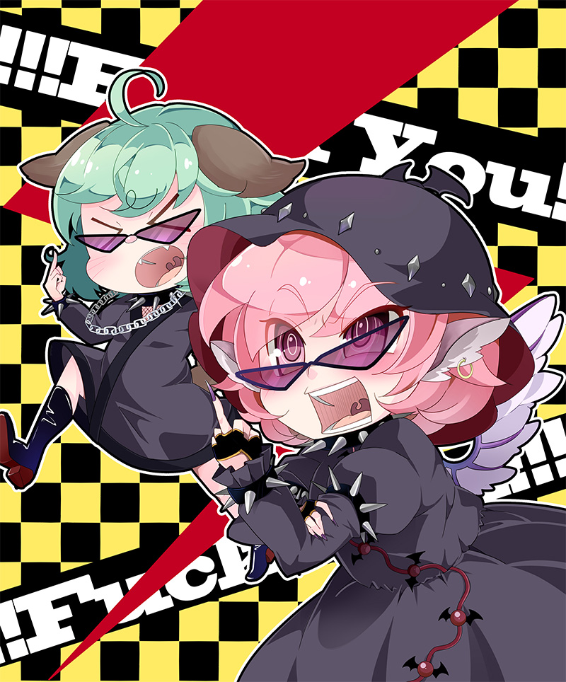 >_<, 2girls, animal_ears, black_dress, checkered, checkered_background, chibi, choujuu_gigaku