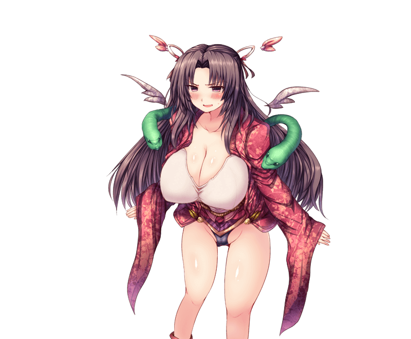 1girl, bangs, blush, breasts, brown_eyes, brown_hair, cleavage, dragon_providence, gorgon, groin, hair_ornament, huge_breasts, leaning_forward, long_hair, looking_at_viewer, official_art, open_mouth, parted_bangs, parted_lips, snake, solo, standing, wide_sleeves