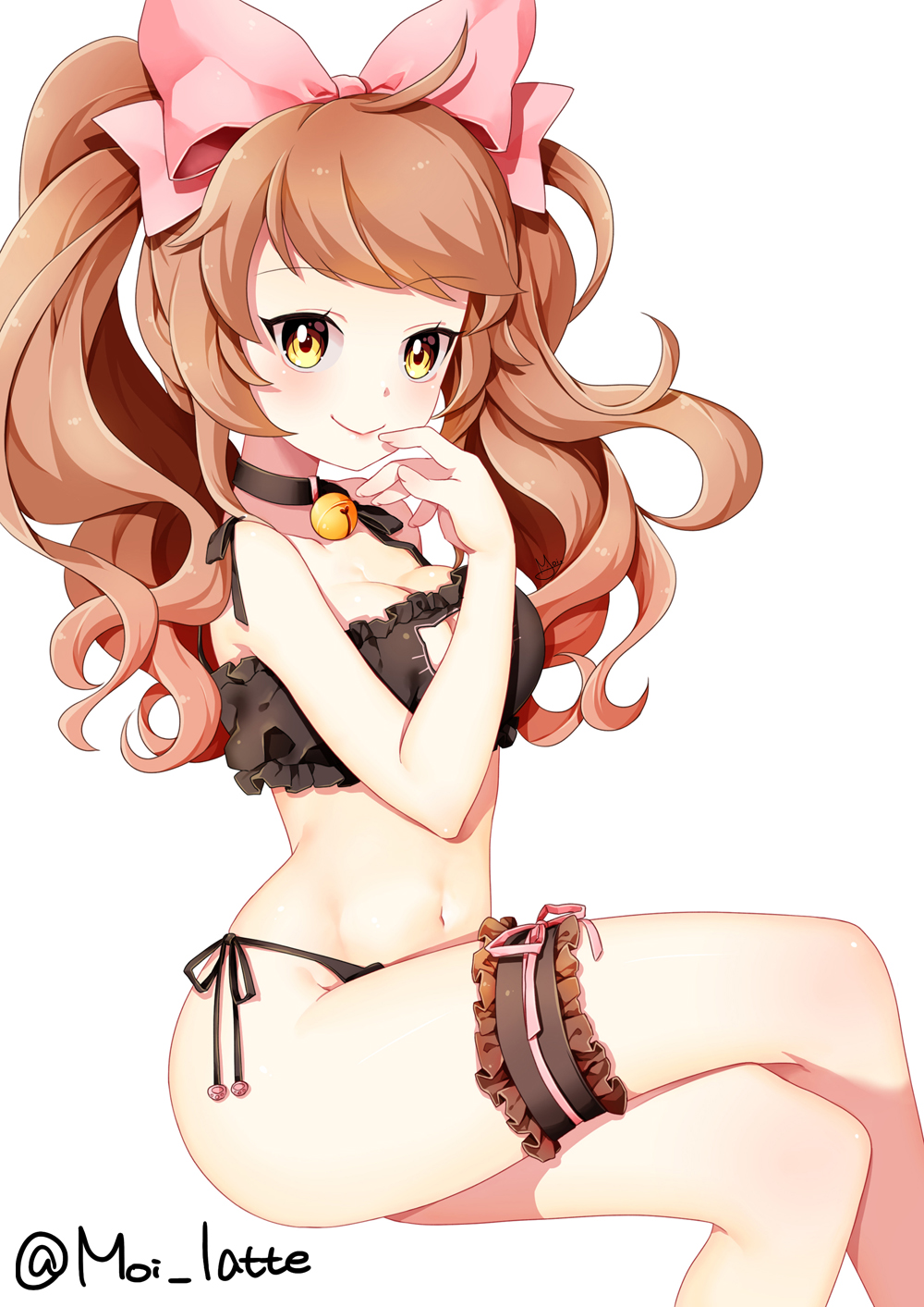 1girl, bangs, bell, bell_choker, blush, bow, breasts, brown_hair