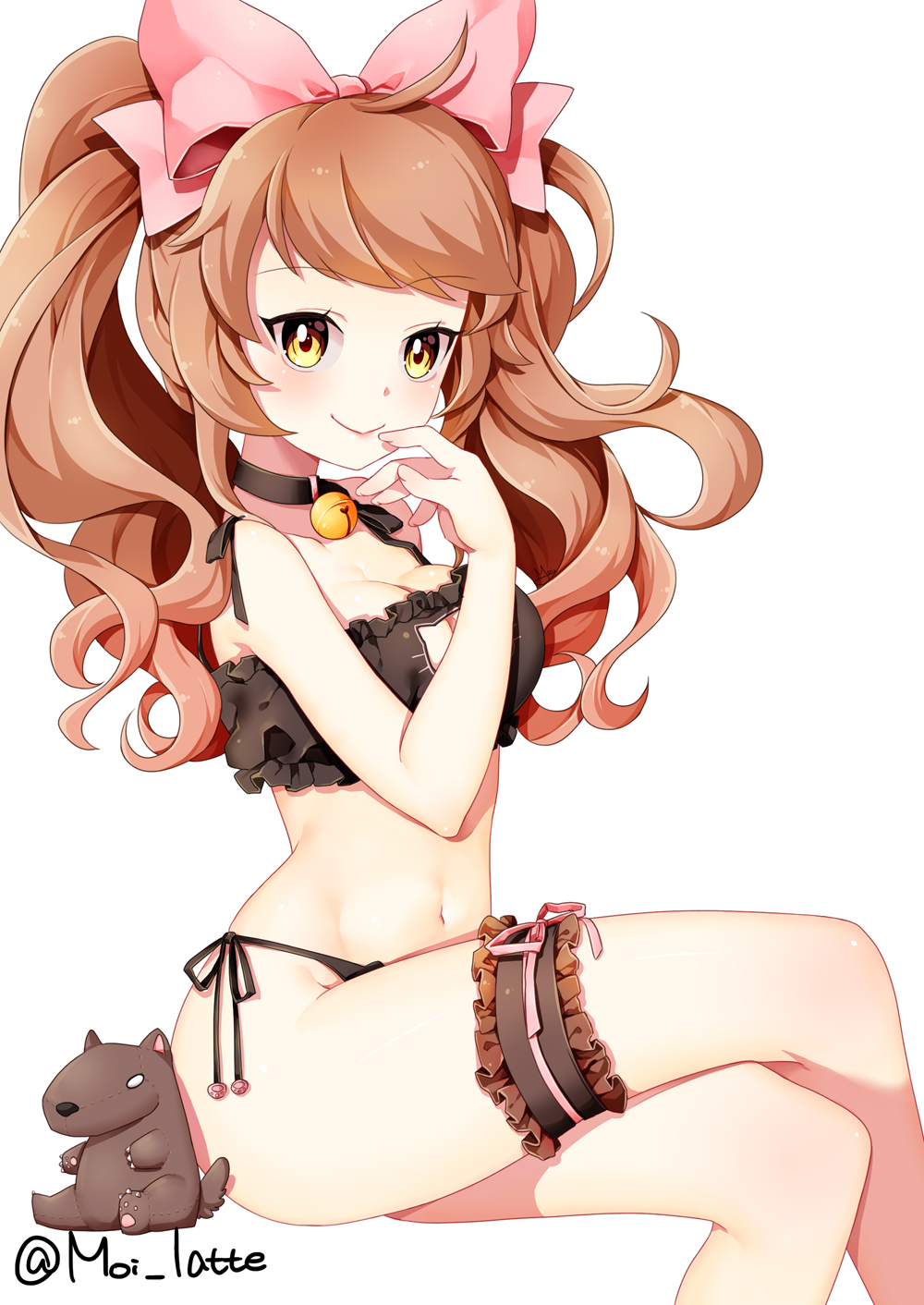1girl, bangs, bell, bell_choker, blush, bow, breasts, brown_hair
